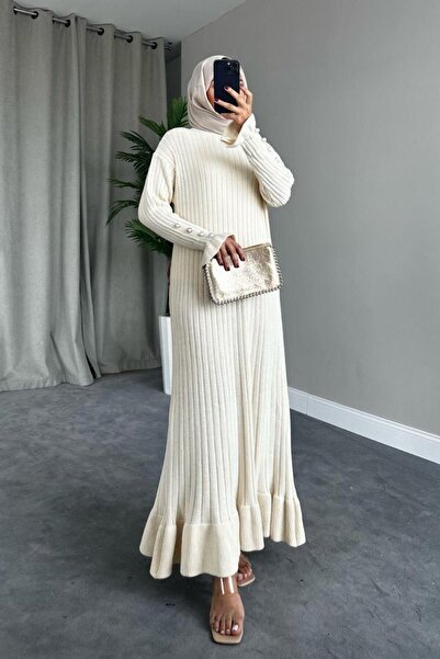 MAXXANA Pearl Detailed Skirt Ruffled Ribbed Hijab Knitwear Dress Suitable for...