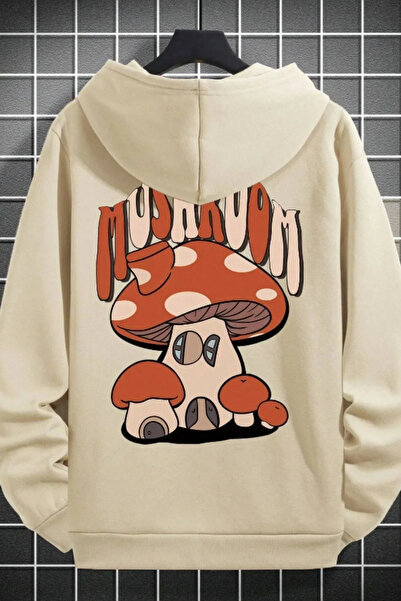 Wish BF Unisex Bej Mushroom Baskı Kapüşonlu Sweatshirt