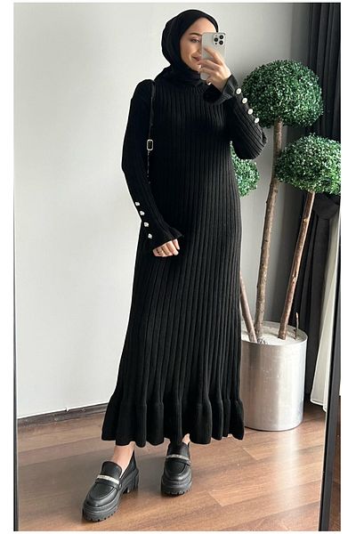 MAXXANA Pearl Detail Ruffled Skirt Ribbed Hijab Knitwear Dress