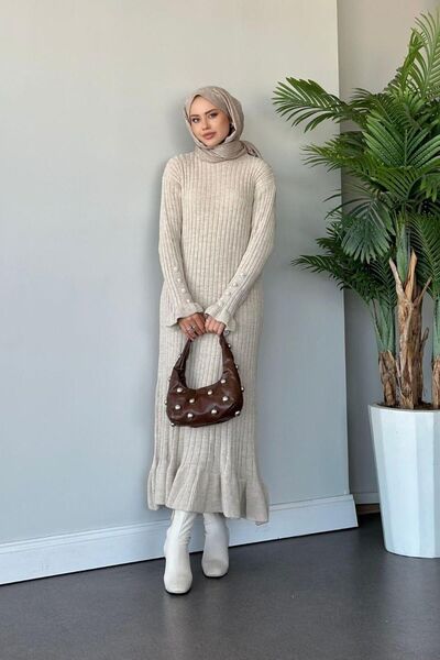 MAXXANA Pearl Detail Ruffled Skirt Ribbed Hijab Knitwear Dress