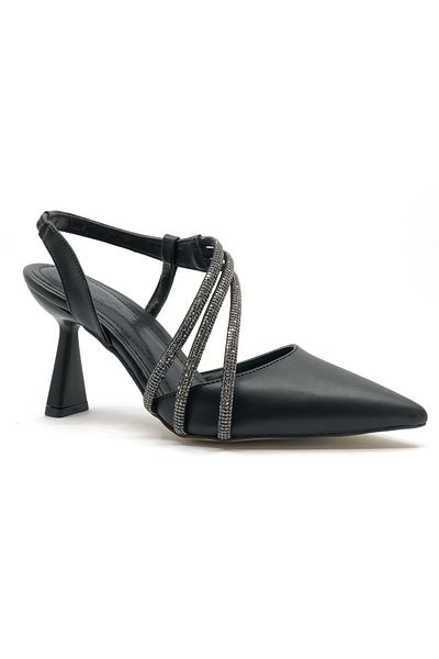 KOCAMANLAR Feles Three Stripes Stone Detailed Women's Heeled Shoes Stiletto Black
