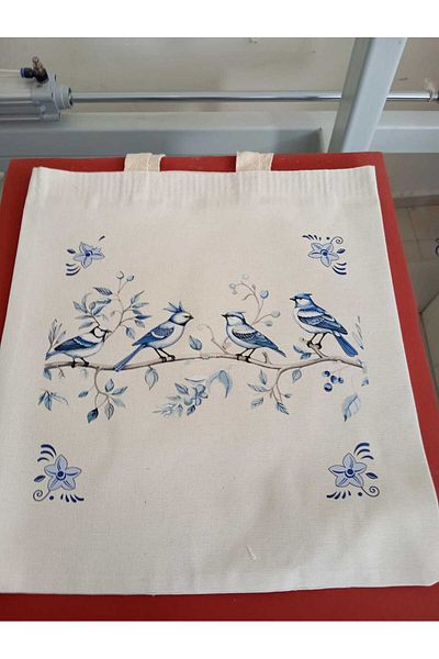 GİFTORA Special Series Delft Blue Birds Printed Raw Cloth Shoulder Bag