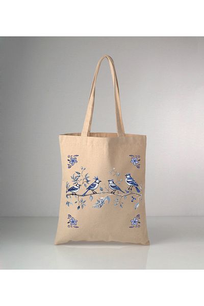 GİFTORA Special Series Delft Blue Birds Printed Raw Cloth Shoulder Bag