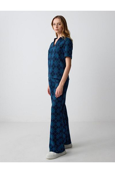 Jimmy Key Navy Blue High Waist Elastic Waist Relaxed Fit Knitted Trousers