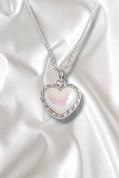 REBORN DESIGN 316l سلسلة الصلب فضية اللون حجر أبيض منحني القلب قلادة