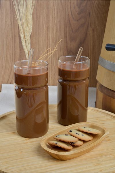 Heda Porselen 420 ml 2-Piece Glass Cup with Straw - Heat Resistant, Hourglass Shaped Coffee Presentation and Soft Drink Set
