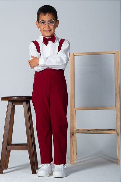KÜÇÜĞÜM BUTİK Claret Red Boy's Salopet και παπιγιόν