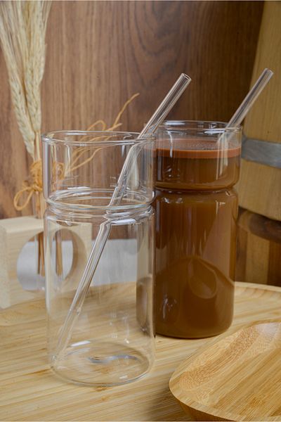 Heda Porselen 420 ml 2-Piece Glass Cup with Straw - Heat Resistant, Hourglass Shaped Coffee Presentation and Soft Drink Set
