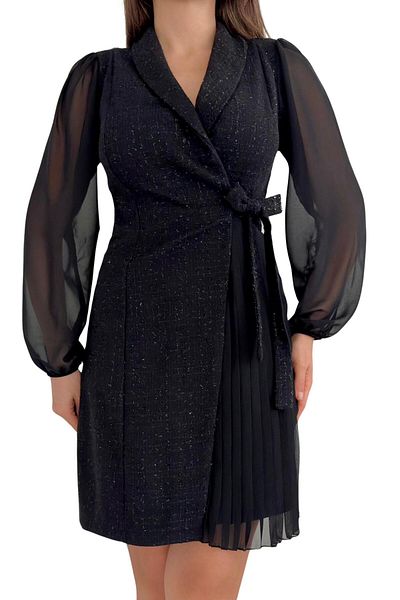 Moda Amore Rochie de damă din șifon, cu țesătură tweed, decolteu dublu și detaliu cu nod în talie - Design modern 030