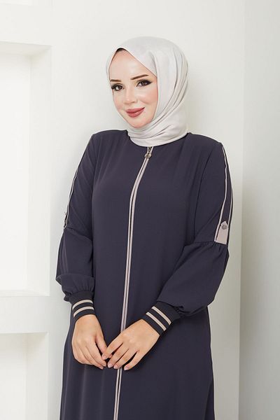 MODA ESRE FASHION Gray Hijab Clothing Ferace - Cream Colored, Ribbed Sleeve, Placket Cuff and Rib Detail