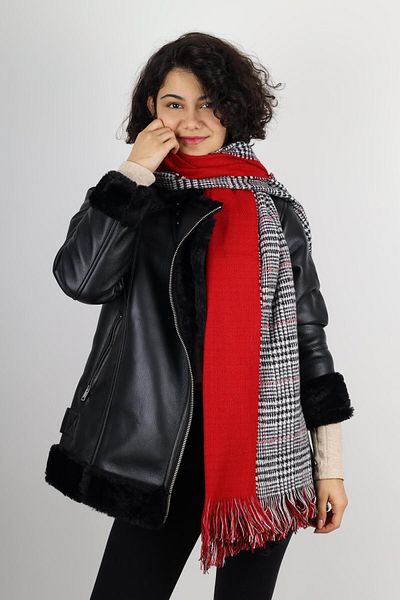 MinaCarin Eșarfă de lână cu model în carouri pe două fețe, roșie de iarnă