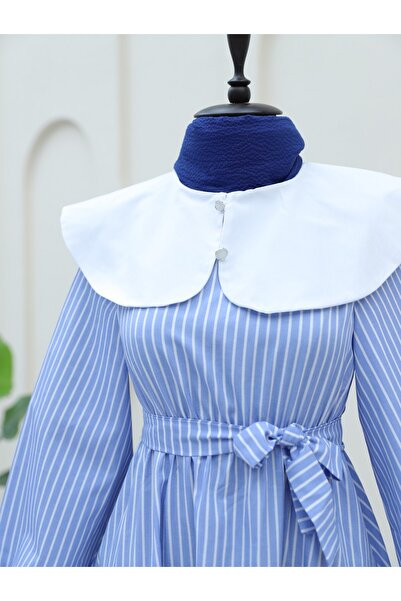 Modamorfo Синя смугаста сукня з коміром-стійкою та довгими рукавами - Еластичний пояс