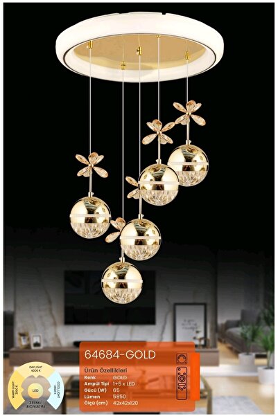 HMS TİCARET 64684-GOLD KUMANDALI DİMLİ ÜÇ 3 IŞIK RENKLİ LED AVİZE LED TAVAN L...