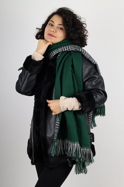 MinaCarin Eșarfă de lână cu model în carouri pe două fețe, verde, iarnă