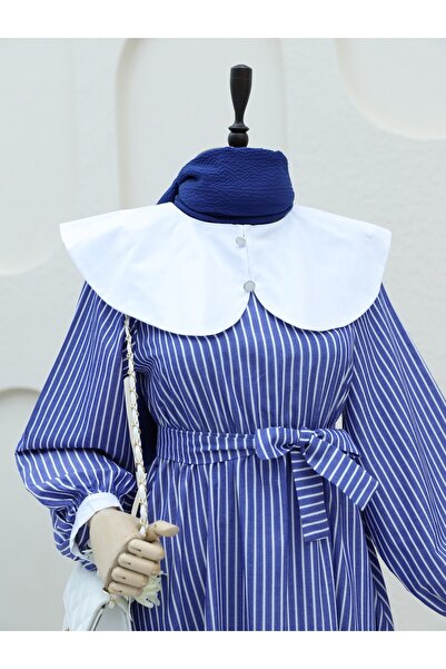 Modamorfo στρογγυλός γιακάς Μακρύ φόρεμα με ριγέ ελαστική μέση - Navy