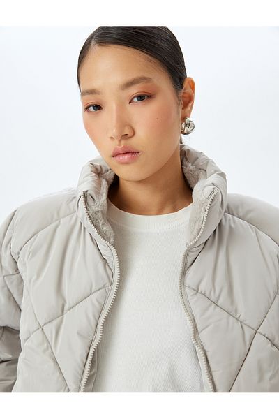 Koton Stand Collar Quilted Short Puffer Jacket with Zippered Pockets