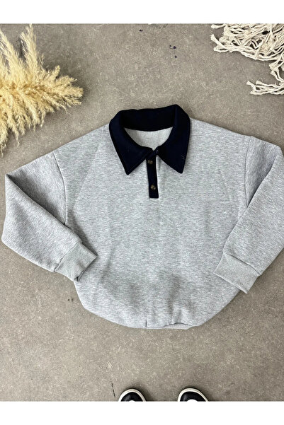 Samin Women's Gray Oversize Polo Neck 3 Thread Raised Sweatshirt