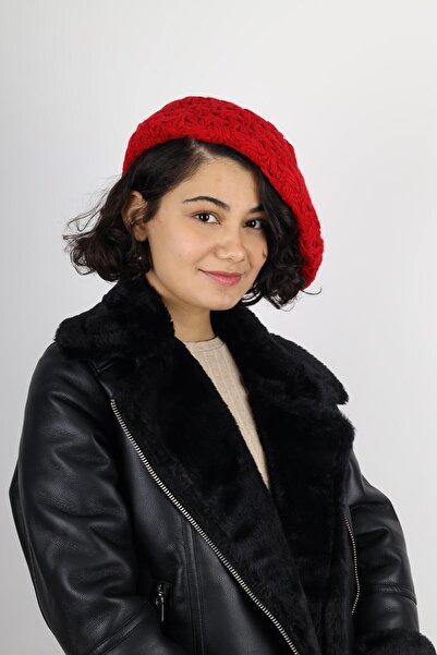 MinaCarin Çift Katlı Kışlık Ressam Bere Kırmızı Örgü Yün