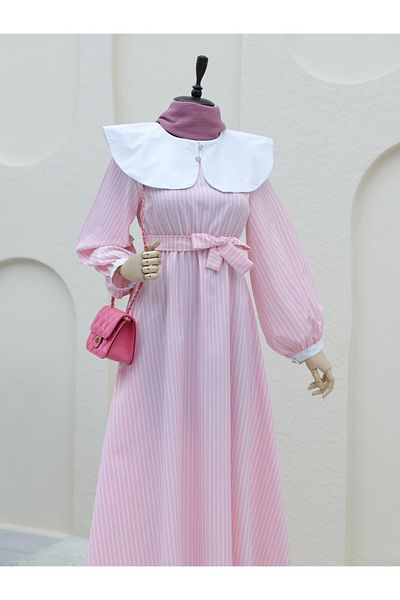 Modamorfo Baby-Kragen, gestreift, elastische Taille, langes Kleid – rosa