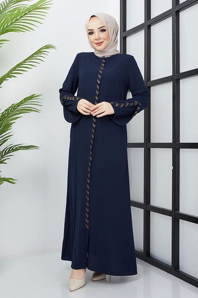 Neva Style Large Size Stone Detailed Navy Blue Ferace Ss2030