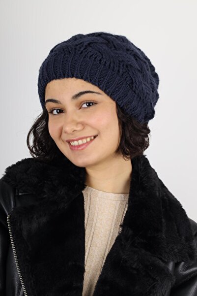 MinaCarin قبعة شتوية نسائية محبوكة بطبقة مزدوجة باللون الأزرق الداكن