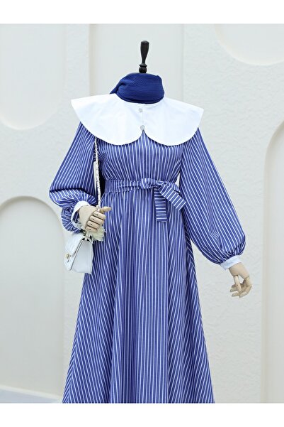 Modamorfo στρογγυλός γιακάς Μακρύ φόρεμα με ριγέ ελαστική μέση - Navy