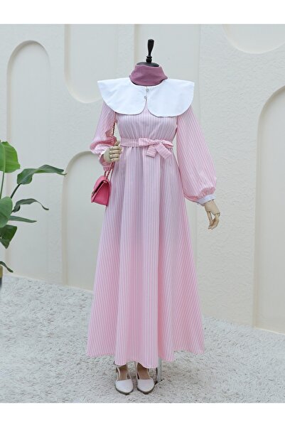 Modamorfo στρογγυλός γιακάς Μακρύ φόρεμα με ριγέ ελαστική μέση - Ροζ