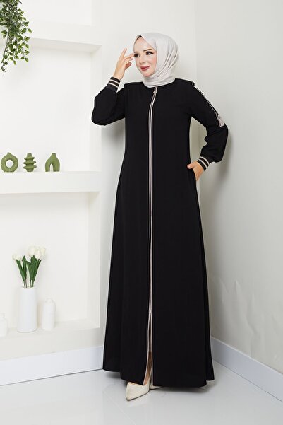 MODA ESRE FASHION Tesettür Giyim Ferace Krem Renk Biyeli Kolu Patlı Manşet Ribanalı Siyah