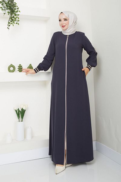 MODA ESRE FASHION Gray Hijab Clothing Ferace - Cream Colored, Ribbed Sleeve, Placket Cuff and Rib Detail