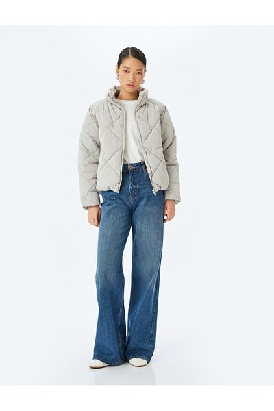 Koton Stand Collar Quilted Short Puffer Jacket with Zippered Pockets