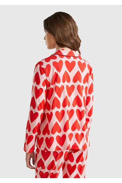 United Colors of Benetton Women's Red 100% Cotton Chest Pocket Logo Label Patterned Pajama Top