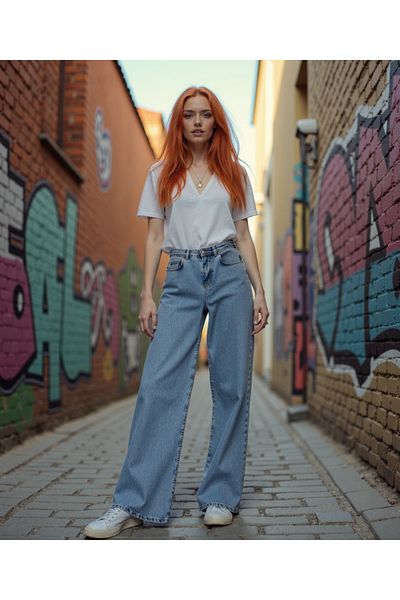 ENZİM JEANS جينز نسائي فضفاض بأرجل واسعة مصنوع من القطن بنسبة 100%