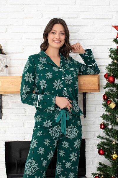 İPEKTENİM TEKSTİL Yılbaşı Temalı Kar Tanesi Desenli Düğmeli Pijama Takımı