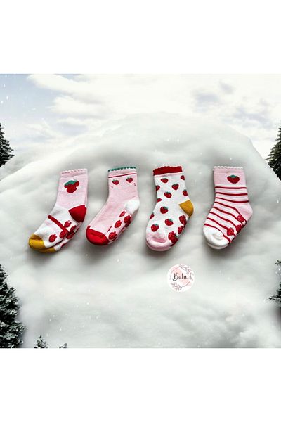 BATU GİYİM Strawberry Patterned Baby Girl and Child Towel Slip-Resistant Base Socks Set