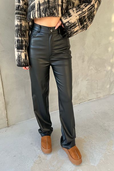Seda Yalçın Atelier Black Wide Leg Leather Trousers