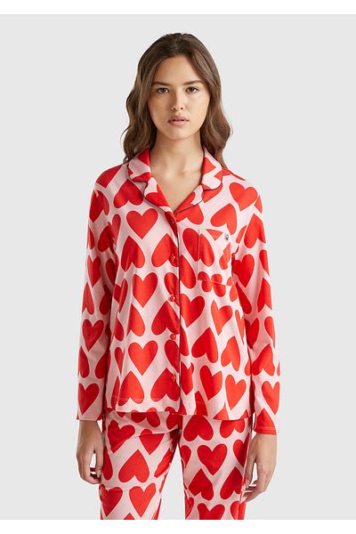 United Colors of Benetton Women's Red 100% Cotton Chest Pocket Logo Label Patterned Pajama Top