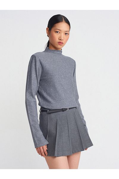 Dilvin 10685 Smoked M. - Stand Collar Sequin Thin Knitwear Sweater