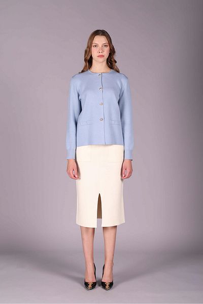 Sempre Cardigan de damă cu decolteu rotund cu nasturi din metal auriu 2579 Albastru