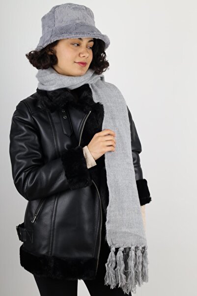 MinaCarin Kadın Gri Kürklü Peluş Şapka ve Atkı Kombini