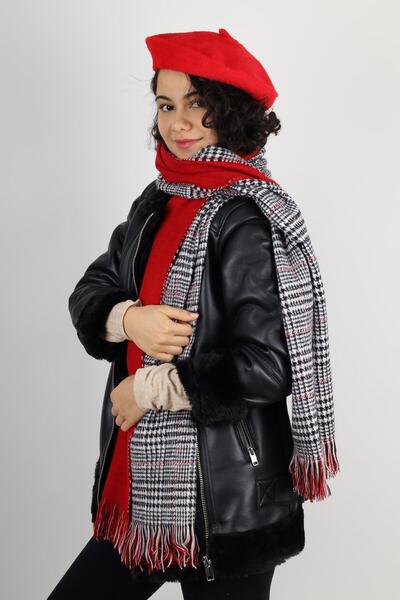 MinaCarin Women's Red French Felt Painter Beret and Double Sided Scarf Combo