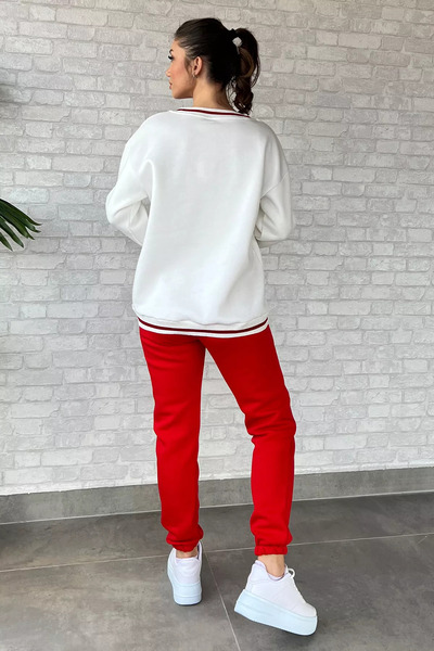 GÜLSELİ Λευκό-Κόκκινο Γυναικείο Σετ αθλητικής φόρμας με κέντημα με λαιμόκοψη