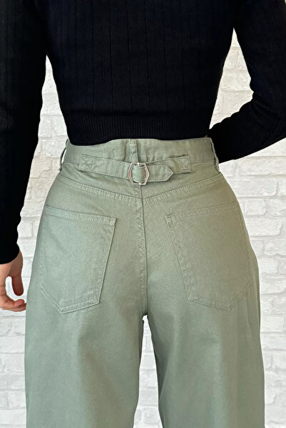 GÜLSELİ Khaki Back Buckle Women's Gabardine Trousers