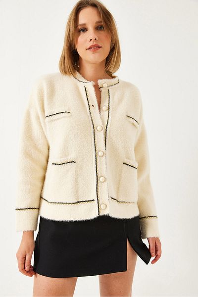 Bianco Lucci Damen-Strickjacke mit doppelter Tasche und Knöpfen, weich, 24101 60261247