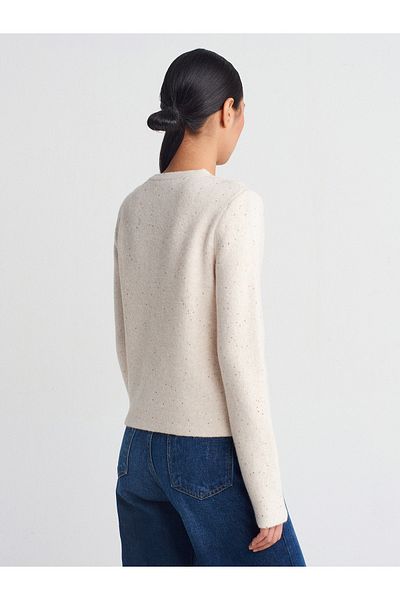 Dilvin 60935 Crew Neck Sequin Glitter Buttoned Knitwear Cardigan-Cream