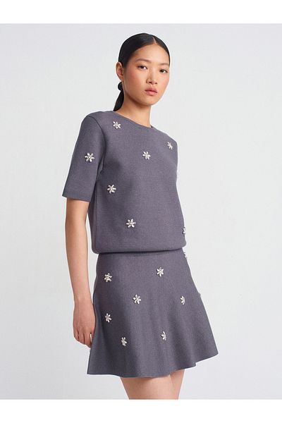 Dilvin 10683 Smoked Crew Neck and Stone Pearl Detail Knitwear Sweater