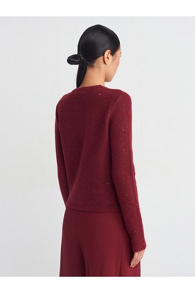 Dilvin 60935 Crew Neck Sequin Glitter Buttoned Knitwear Cardigan-Claret Red