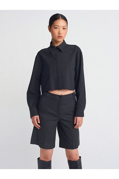 Dilvin 50491 Anthracite Draped Crop Shirt