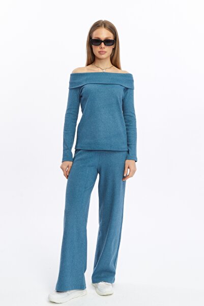 ESPOİRPLUS Жіночий бензиновий зелений колір Салоніки тканина Мадонна комір комір верхній і нижній брючний костюм