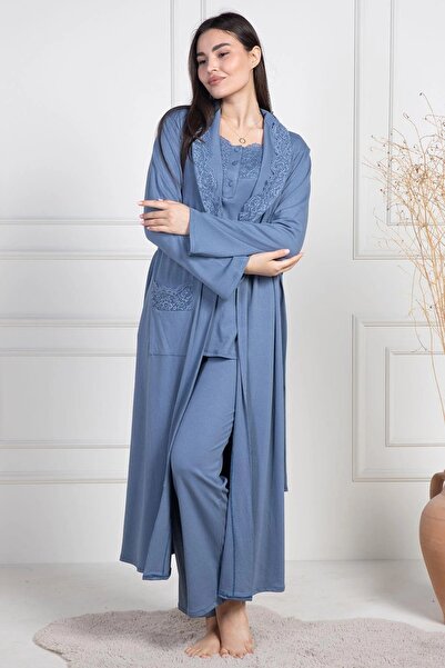 Mecit Pijama طقم بيجامة نسائي من القطن بأكمام طويلة، مقاس كبير، مكون من 3 قطع