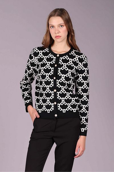 Sempre Women's Wool Cardigan with Crew Neck Chain Print - Black/Ivory 2535